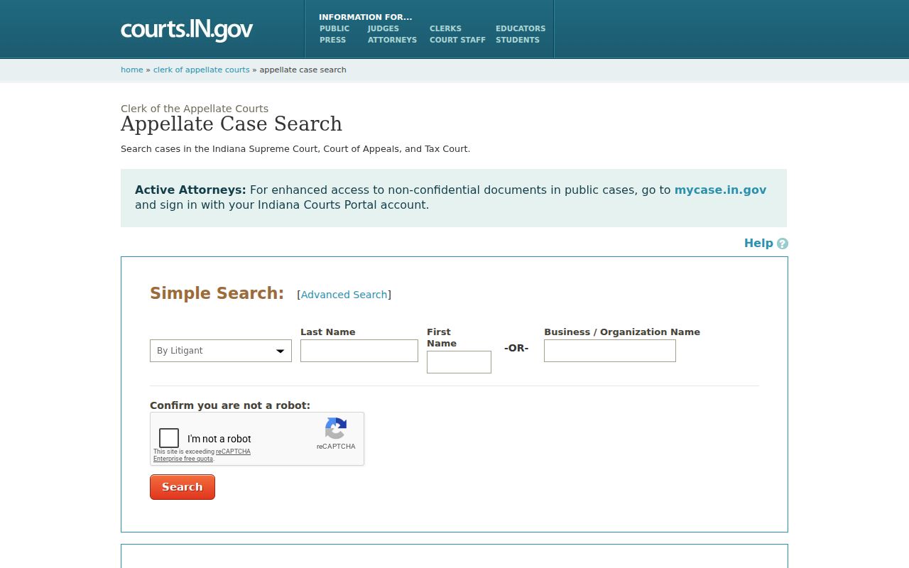 Indiana appellate court docket search fields