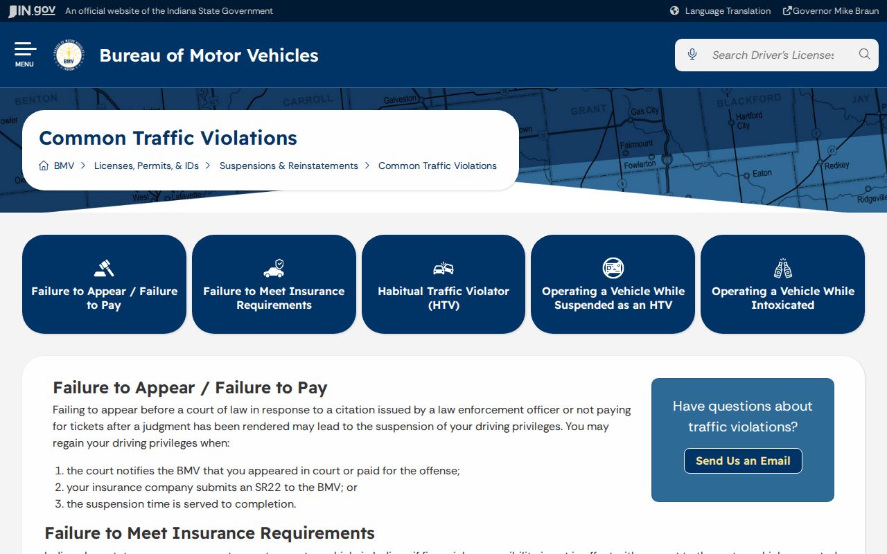 Indiana traffic court failure-to-appear and driver privilege information