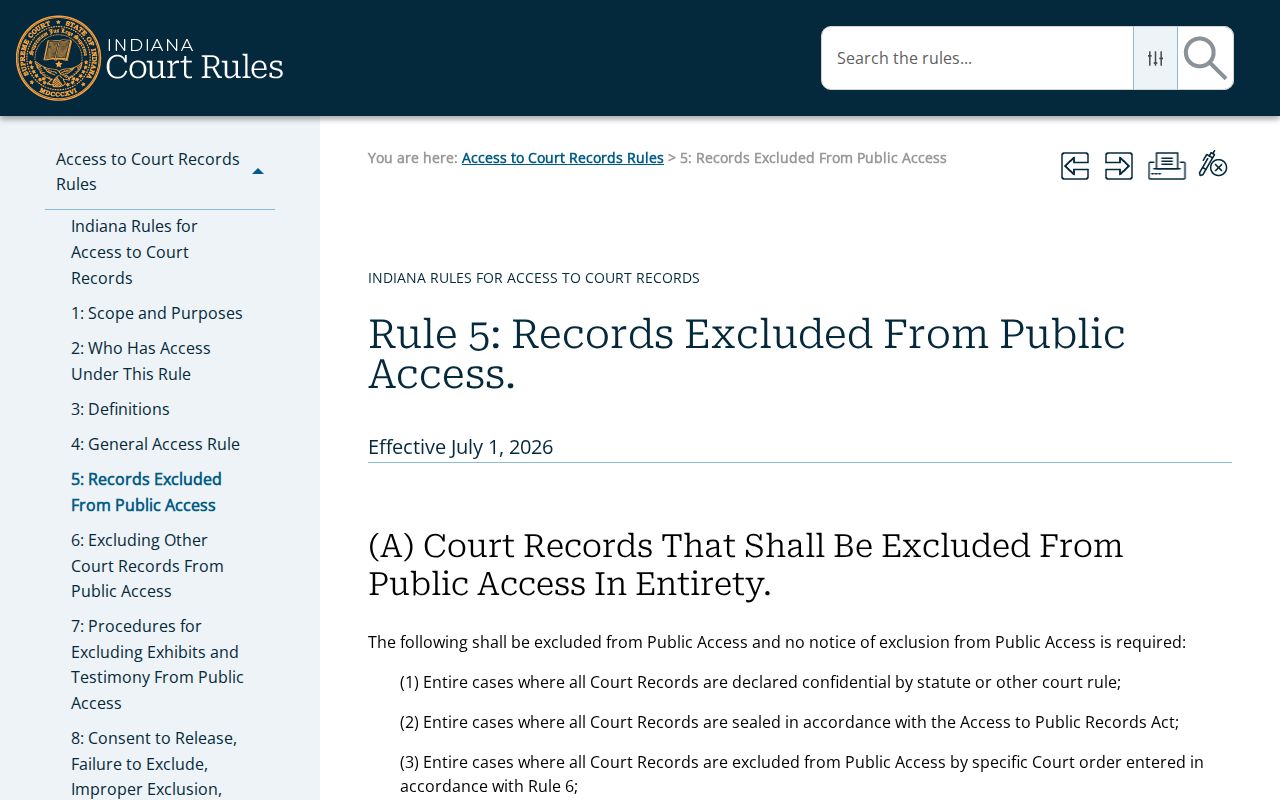 Indiana court record access rule for confidential whole cases and protected filings
