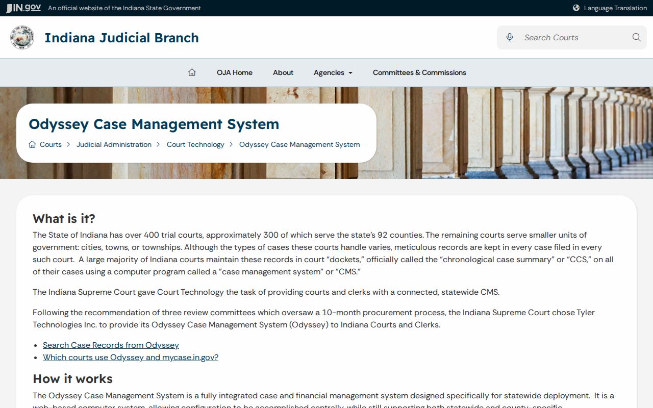 Indiana court records system history and statewide Odyssey case management