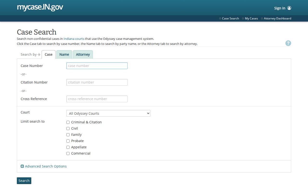 Indiana court docket search options in MyCase