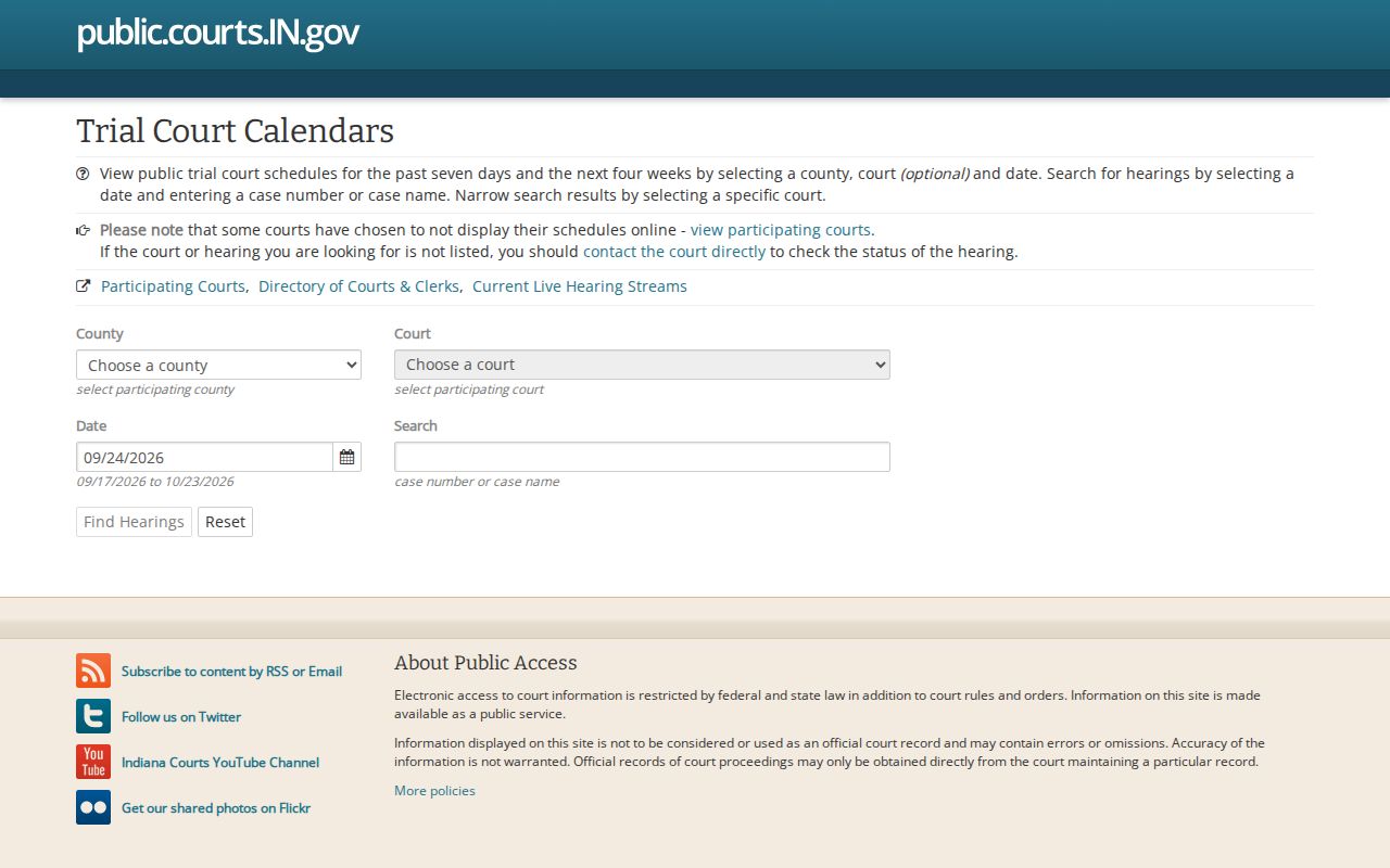 Indiana court calendar search for hearings by county, court, date, or case