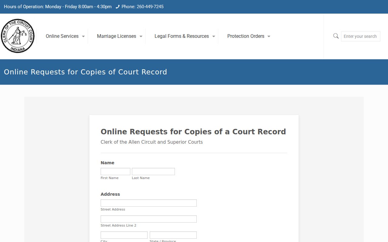 Indiana court records copy request example from a county clerk