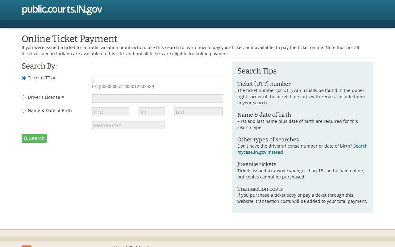 Indiana ePay online traffic ticket search options